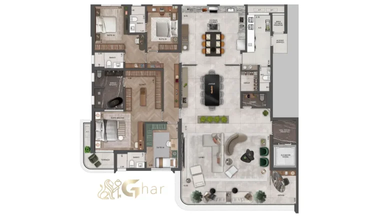 Planta de apartamento 290 m² com living ampliado no The View Ibirapuera