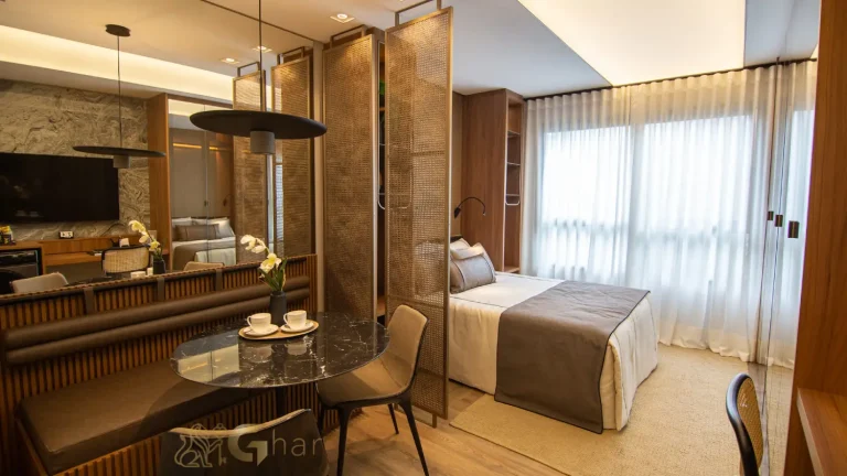 Sala decorada em apartamento do The View Ibirapuera Residences