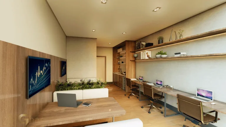 Espaço coworking moderno no condomínio The View Ibirapuera Residences em São Paulo