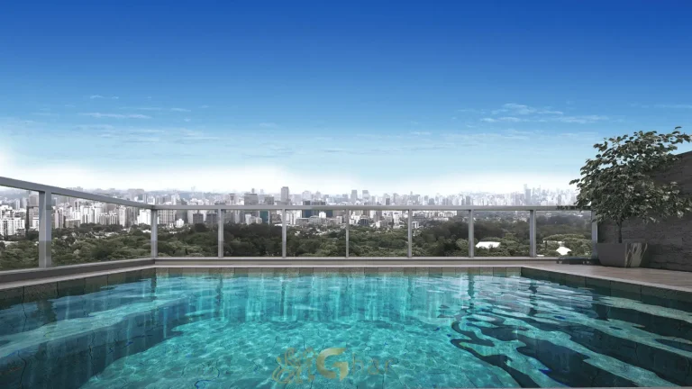 Piscina na cobertura do The View Ibirapuera Residences com vista para São Paulo