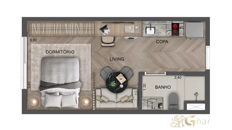 Planta de apartamento 25m² no The View Ibirapuera Residences
