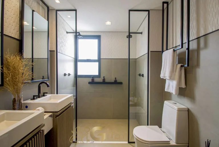Banheiro suíte casal apartamento decorado 177m² Unik Residence
