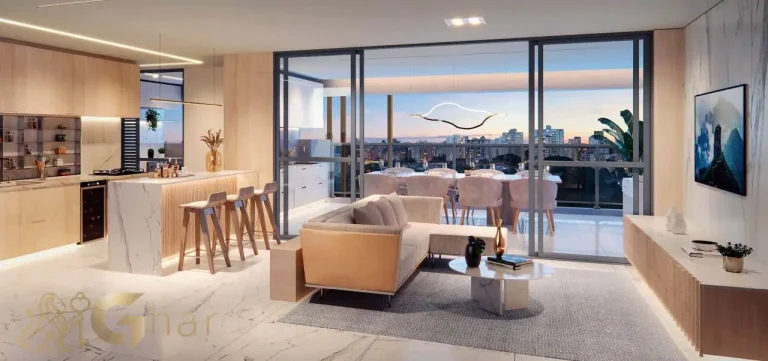 Sala living apartamento decorado 144m² Unik Residence Nova Klabin