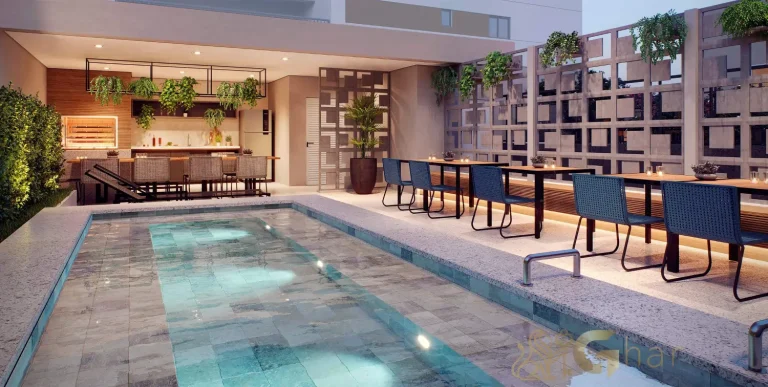 Espaço família com churrasqueira e piscina Unik Residence Nova Klabin