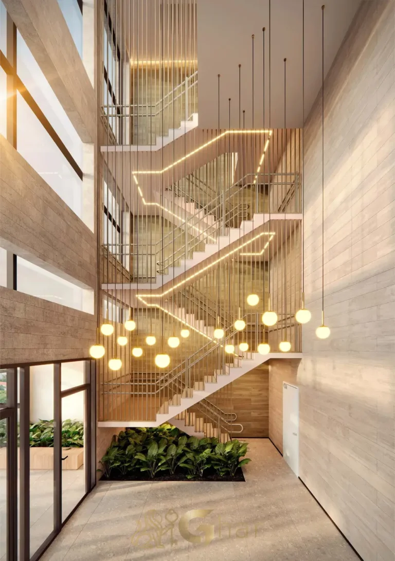 Hall social pé-direito duplo Unik Residence Nova Klabin São Paulo