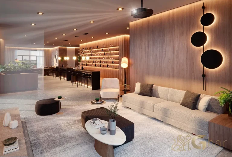 Lounge integrado ao salão de festas Unik Residence Nova Klabin