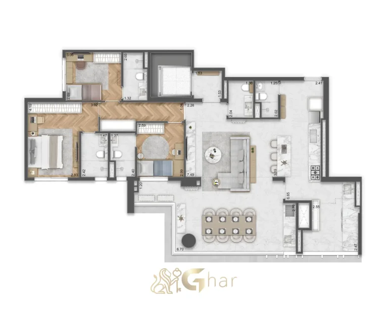 Planta apartamento 144m² 3 suítes Unik Residence Nova Klabin