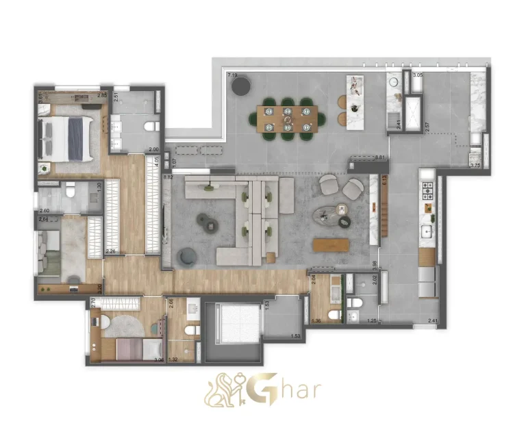 Planta apartamento 177m² 3 suítes sala ampliada Unik Residence Nova Klabin