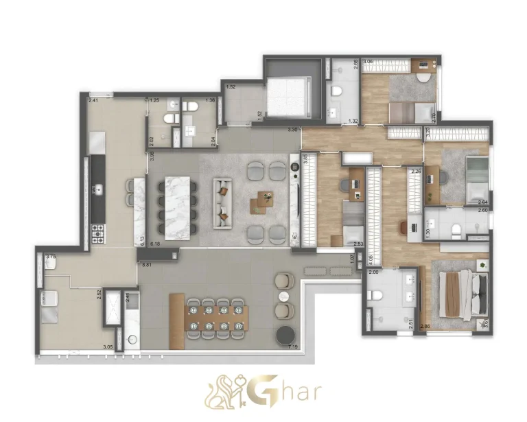 Planta apartamento 177m² 4 dormitórios 2 suítes Unik Residence Nova Klabin
