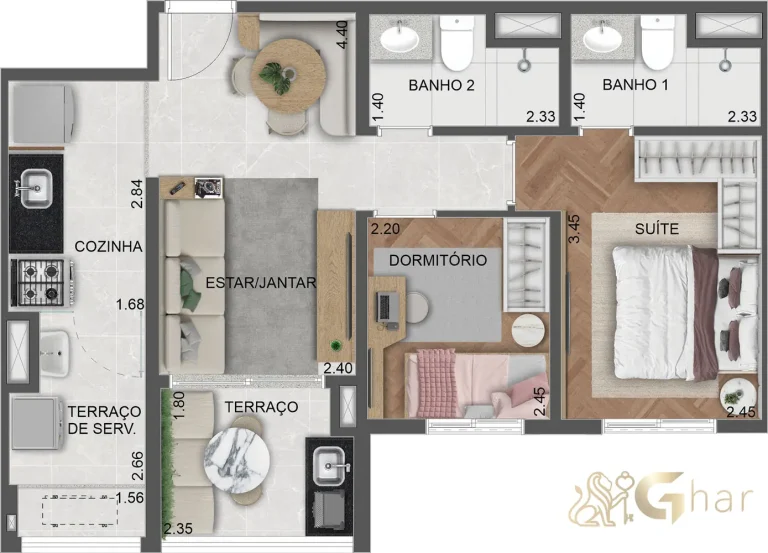 Planta apartamento 53m² no Villares Parada Inglesa