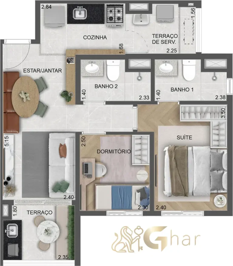 Planta apartamento 54m² no Villares Parada Inglesa