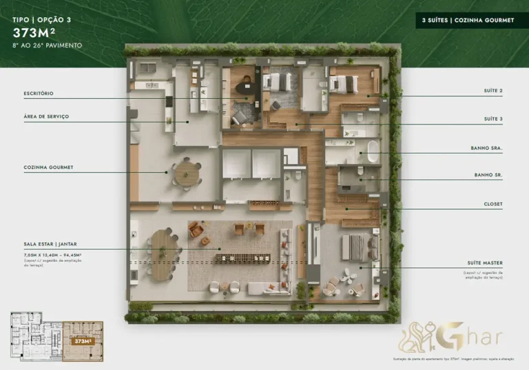 Planta apartamento 373 m² 3 suítes cozinha gourmet Vista Parque Ibirapuera
