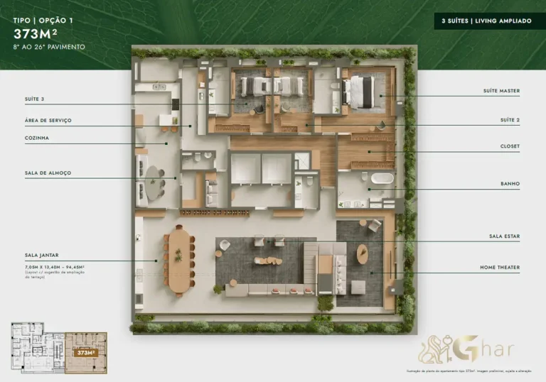 Planta apartamento 373 m² 3 suítes living ampliado Vista Parque Ibirapuera