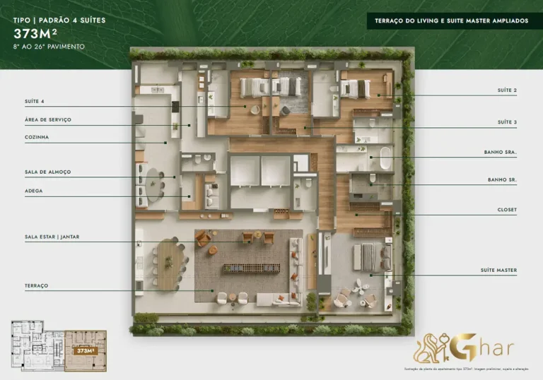 Planta apartamento 373 m² 4 suítes terraço living Vista Parque Ibirapuera