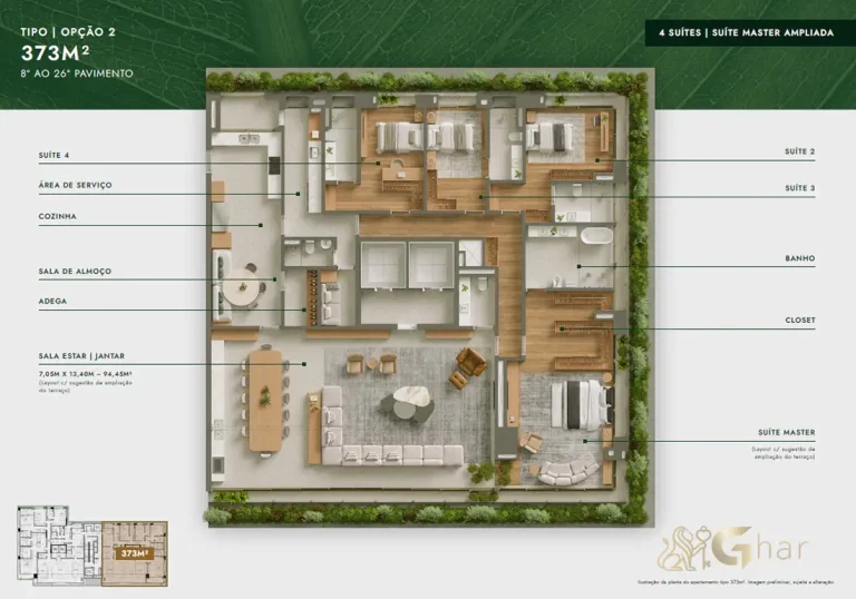 Planta apartamento 373 m² 4 suítes master ampliada Vista Parque Ibirapuera