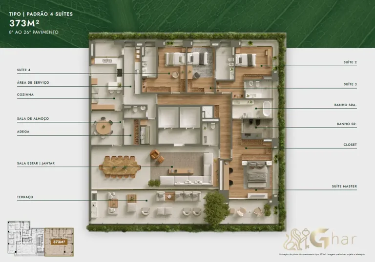 Planta apartamento 373 m² 4 suítes padrão Vista Parque Ibirapuera