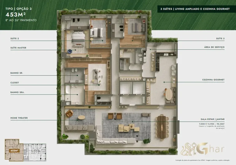 Planta apartamento 453 m² 3 suítes living ampliado Vista Parque Ibirapuera