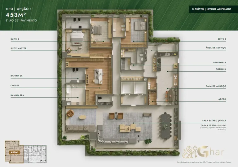 Planta apartamento 453 m² 3 suítes living ampliado Vista Parque Ibirapuera Moema