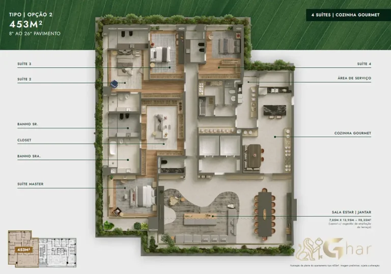 Planta apartamento 453 m² 4 suítes com cozinha gourmet Vista Parque Ibirapuera Moema