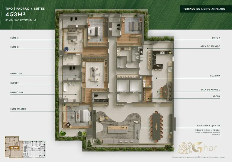 Planta apartamento 453 m² 4 suítes living ampliado Vista Parque Ibirapuera