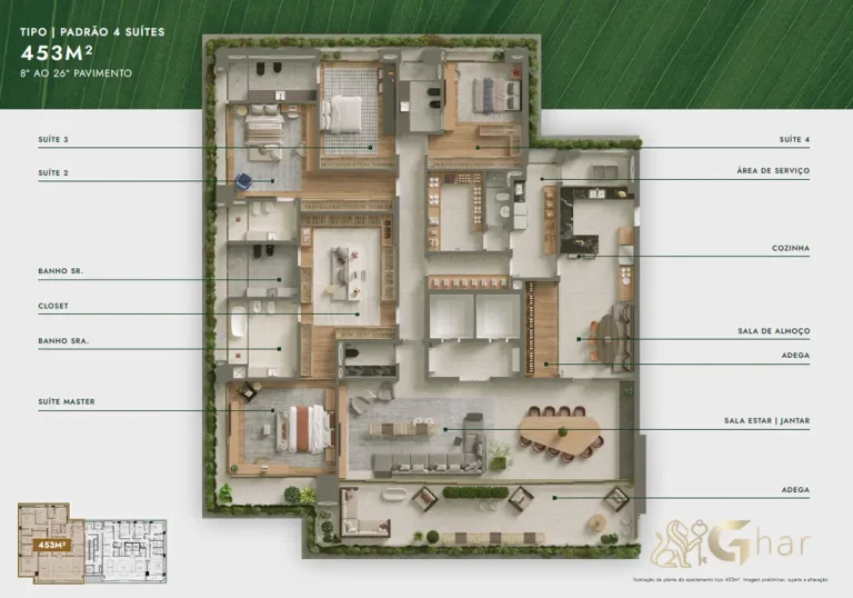 Planta apartamento 453 m² 4 suítes padrão Vista Parque Ibirapuera