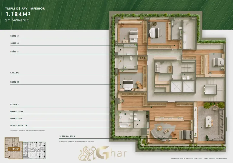 Planta triplex 1184 m² pavimento inferior Vista Parque Ibirapuera Moema