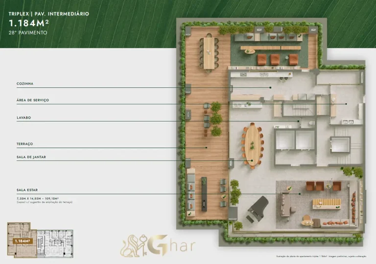Planta triplex 1184 m² pavimento intermediário Vista Parque Ibirapuera Moema