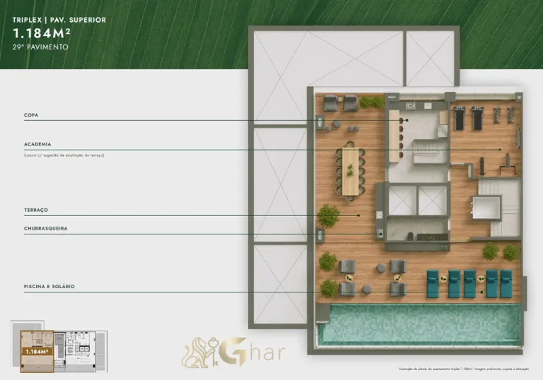 Planta triplex 1184 m² pavimento superior Vista Parque Ibirapuera Moema