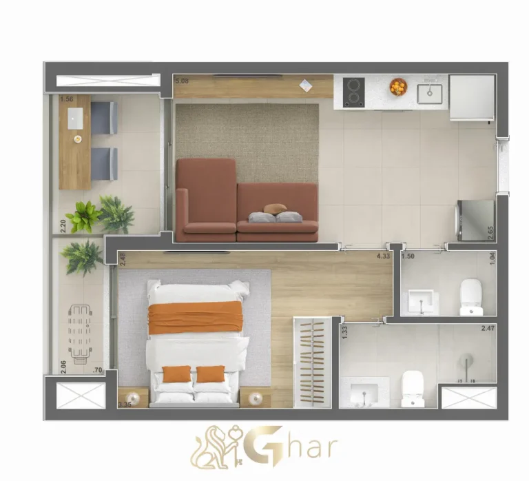 Planta apartamento 39m² 1 suíte e lavabo no Voga Flórida Brooklin