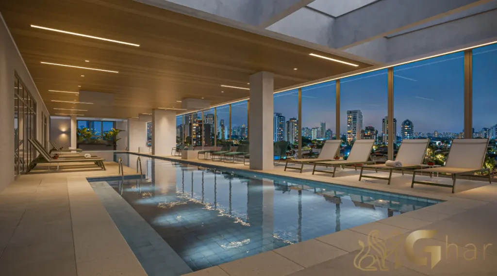 Piscina coberta com raia de 25 metros no Voga Flórida Brooklin