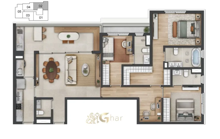 Planta de apartamento 124m² com 3 suítes Vogel Moema