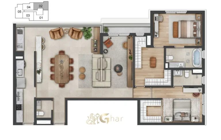 Planta ampliada 124m² com 2 suítes Vogel Moema