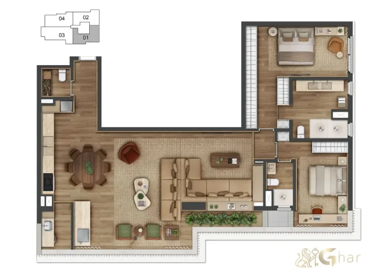 Planta de apartamento 132m² com 2 suítes e 2 dormitórios Vogel Moema