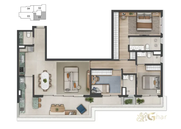 Planta de apartamento 132m² com 3 suítes Vogel Moema