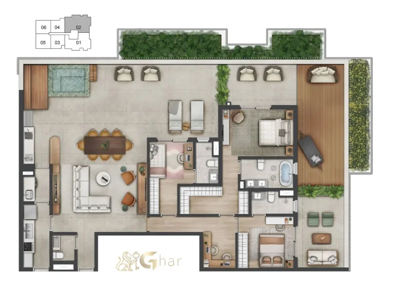 Planta apartamento Garden 237m² com 3 suítes no Vogel Moema