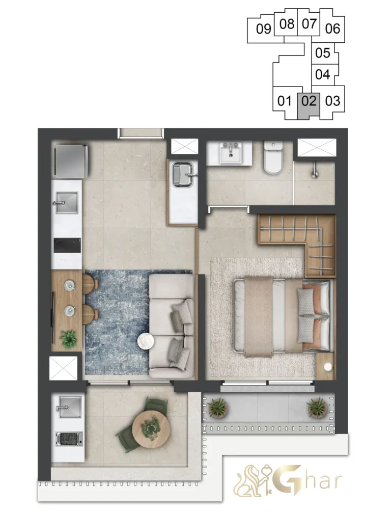 Planta de Studio 35m² compacto no Vogel Moema