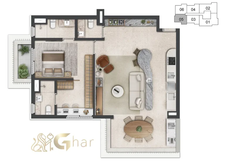 Planta de apartamento 81m² com 1 suíte e 2 dormitórios Vogel Moema