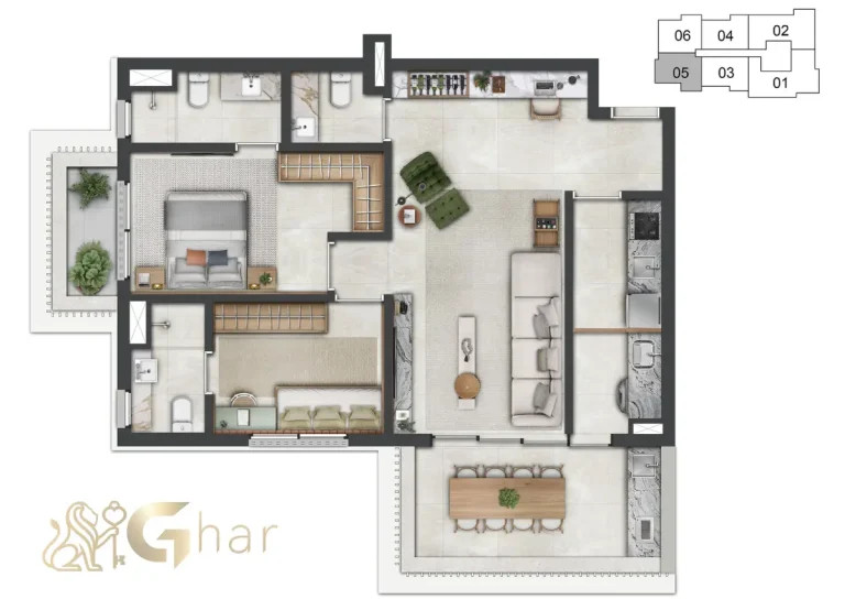 Planta apartamento 81m² com 2 suítes e 2 dormitórios no Vogel Moema