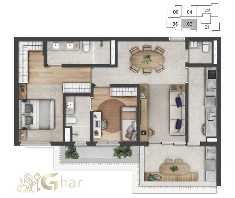 Planta de apartamento 83m² com 2 suítes Vogel Moema