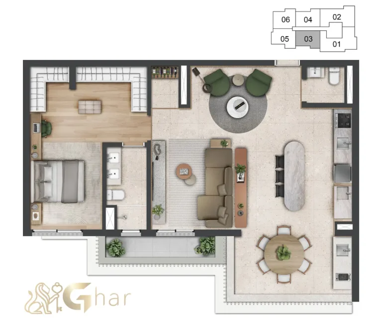 Planta ampliada 83m² com 1 suíte e 2 dormitórios Vogel Moema