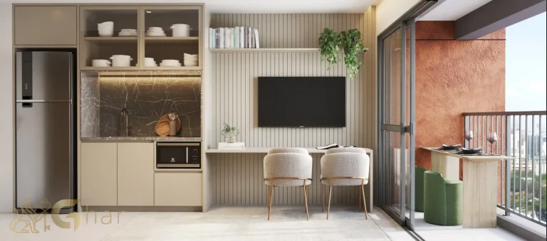 Living do apartamento decorado de 30m² no VP Moema