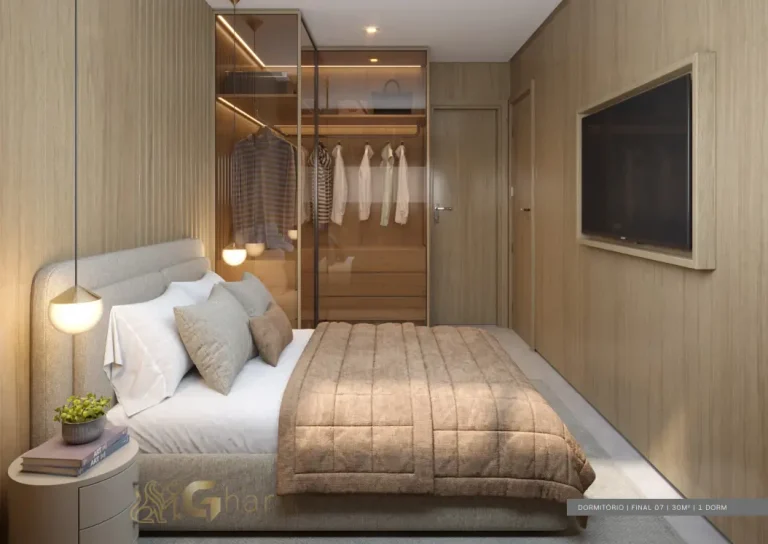 Quarto decorado do apartamento de 30m² no VP Moema