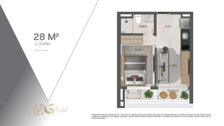 Planta de 1 dormitório com 28m² no VP Moema