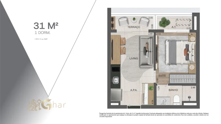 Planta de 1 dormitório com 31m² no VP Moema
