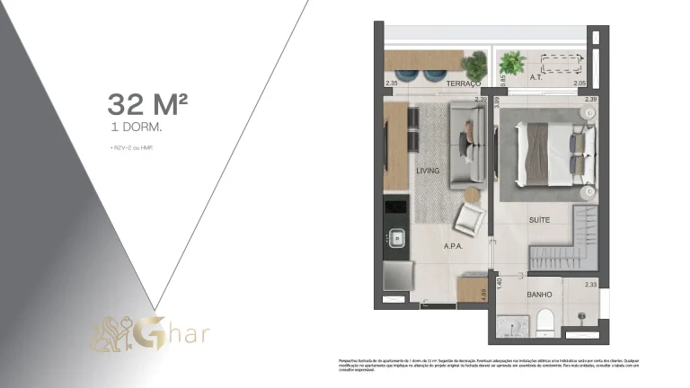 Planta de 1 dormitório com 32m² no VP Moema