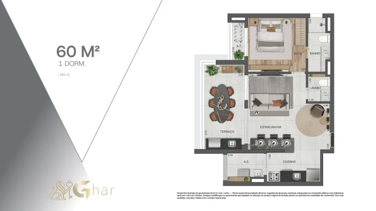 Planta de apartamento com 1 dormitório e 60m² no VP Moema