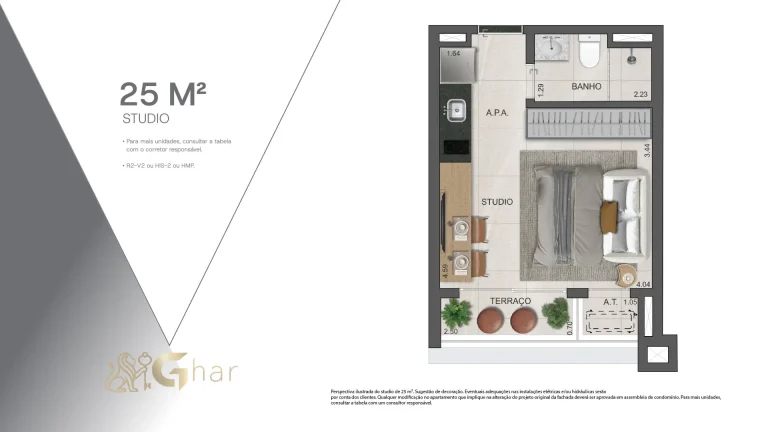 Planta de studio com 25m² no VP Moema