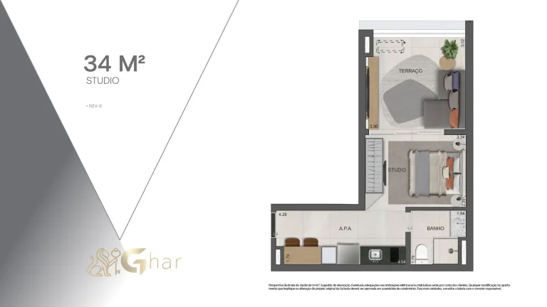 Planta de estúdio com 34m² no VP Moema