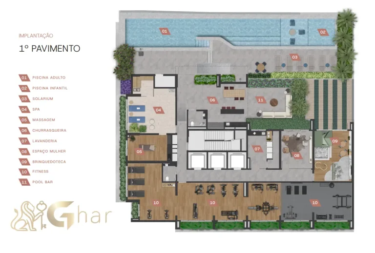 Planta do 1º pavimento com áreas de lazer no VP Moema
