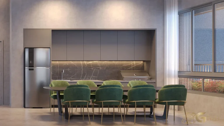 Área gourmet integrada ao salão de festas do VP Moema